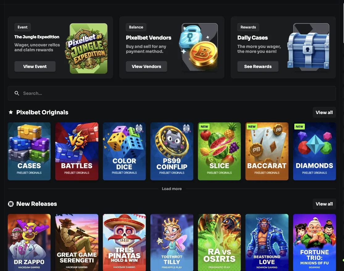 Pixelbet Originals naslovnice – Cases, Battles, Color Dice, Coinflip, Slice, Baccarat, Diamonds (englesko sučelje), snimljeno na pixelbet.gg, 7. rujna 2026